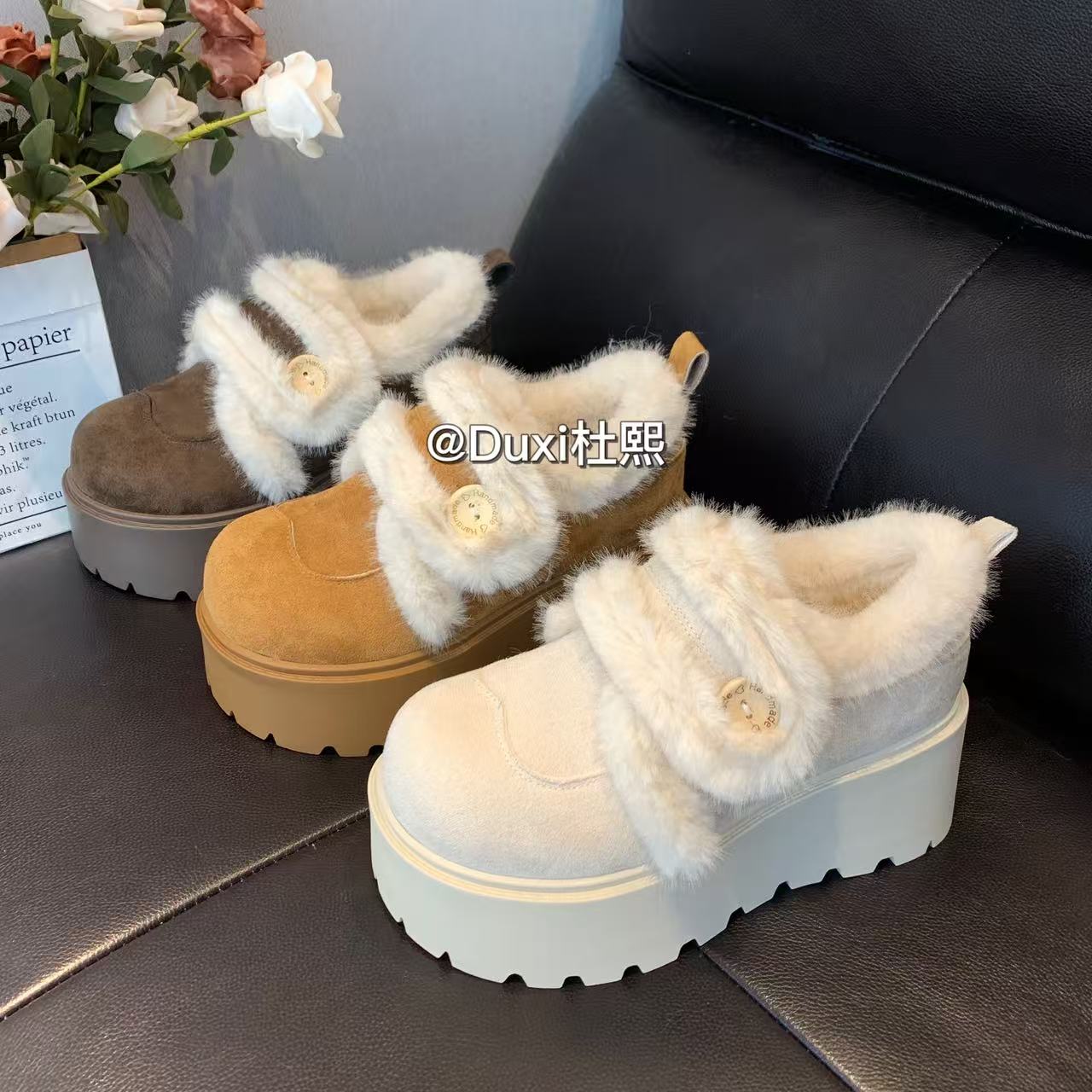 duxi/杜熙2025新款冬季爆款加绒保暖复古厚底增高棉鞋鞋子棉鞋