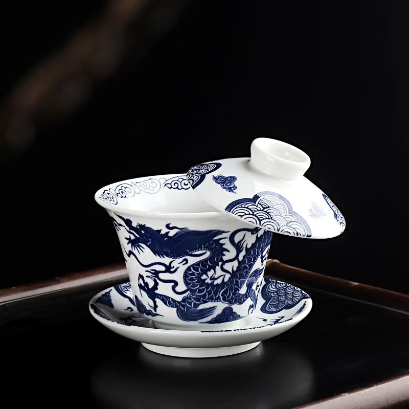 中式釉下彩白瓷青花龙纹高档马蹄三才盖碗可悬停旋转功夫茶具0377