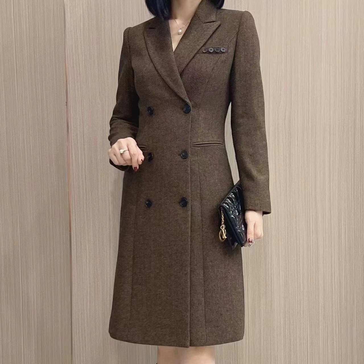 C1678灰色人字纹呢子大衣女2025秋冬新款外套中长款职业装A