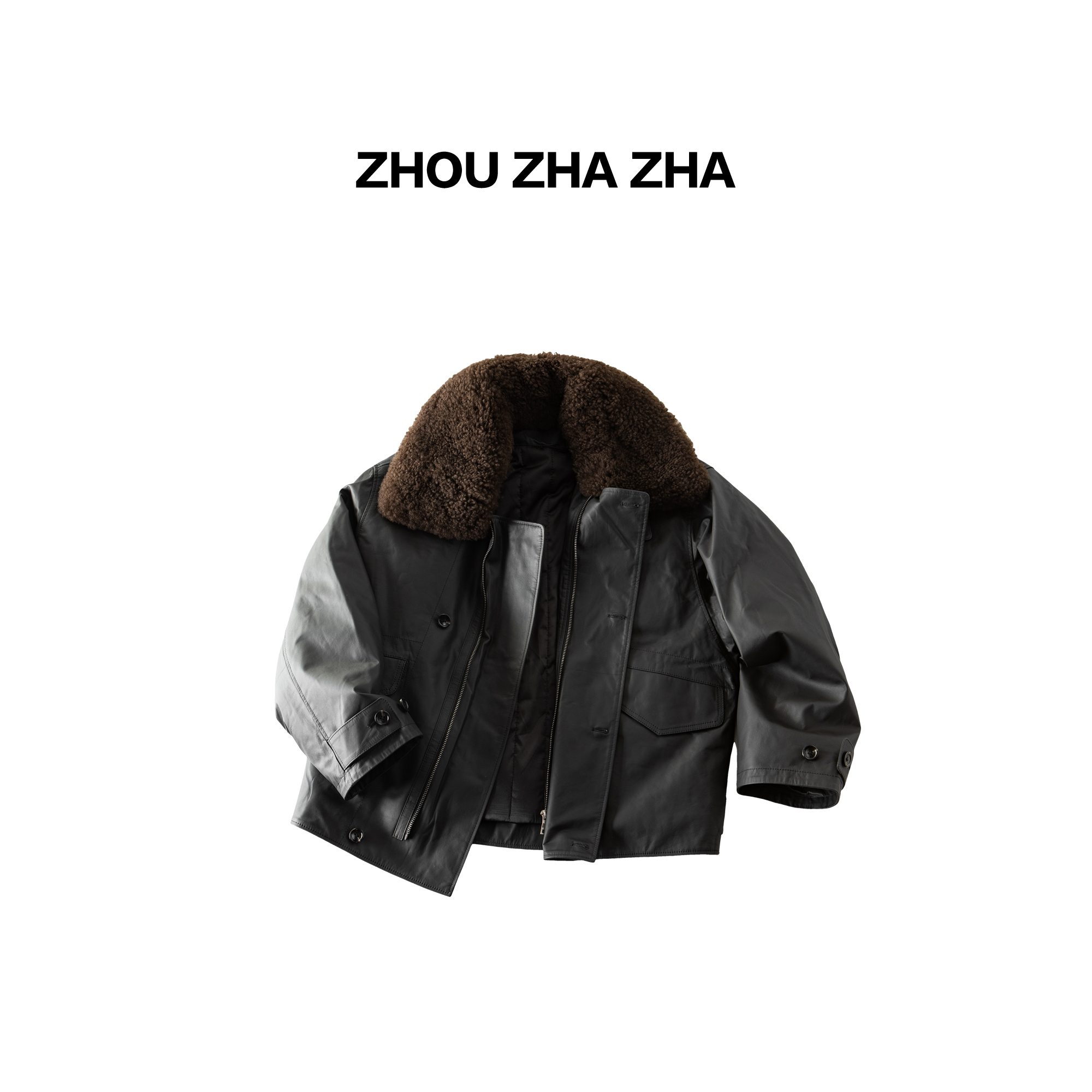 【周炸炸】全牛皮 设计款廓形显瘦羊毛领皮衣外套#531125