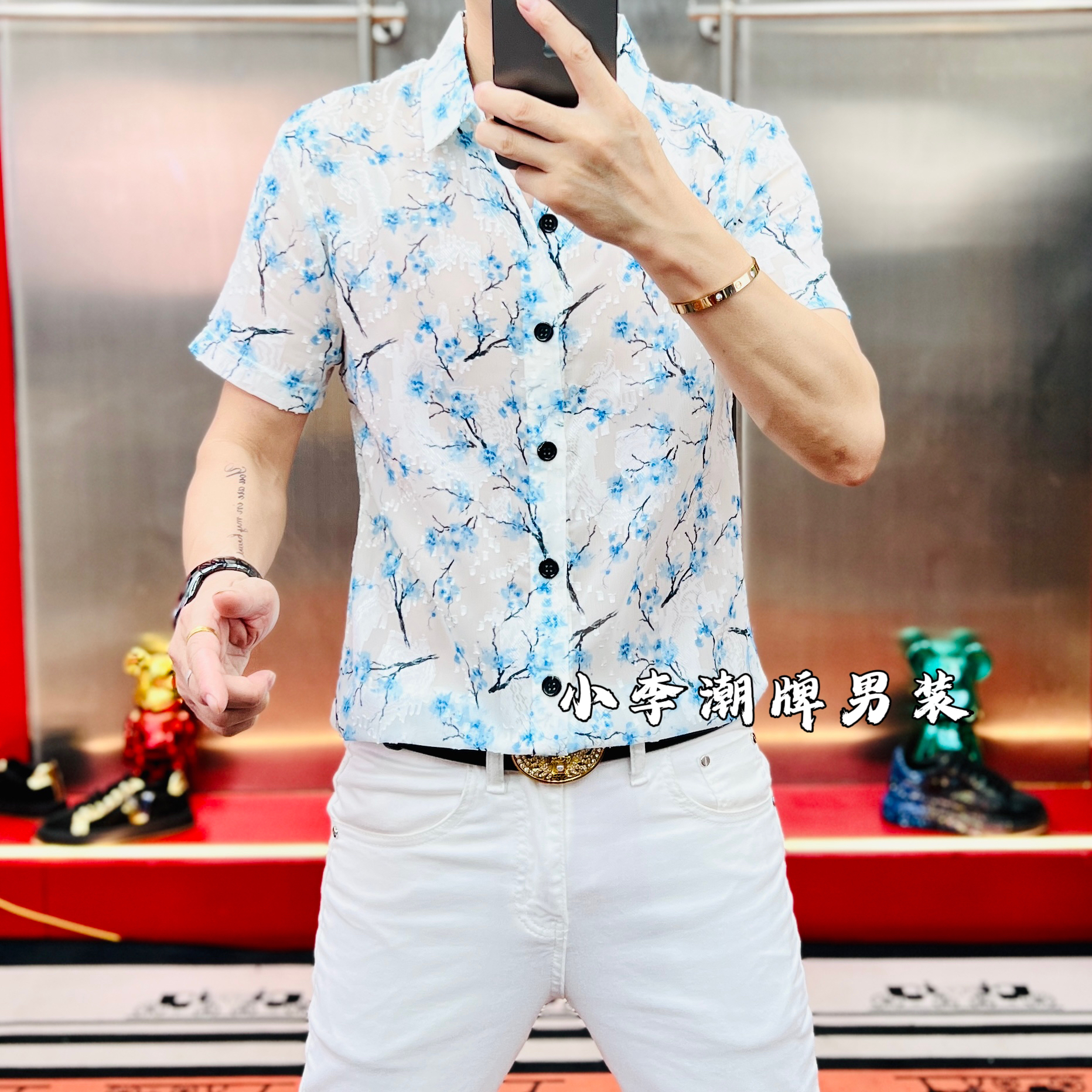 男装夏季新款梅花时尚国风男士半袖翻领衬衫上衣潮流修身休闲显瘦