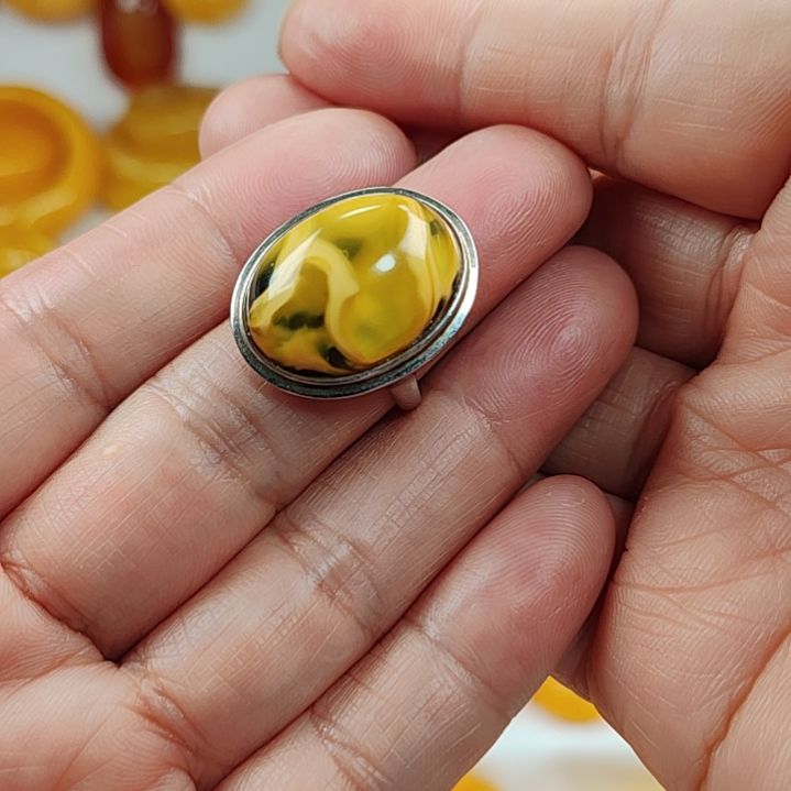 琥珀戒指银S925镀金镶嵌