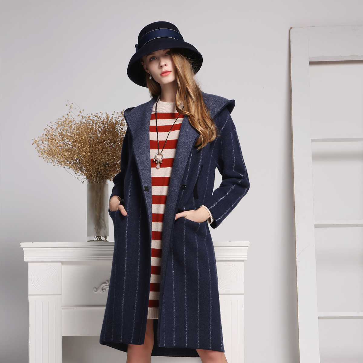 外套连帽毛呢外套女女士长款保暖中长款拼接毛呢条纹ey0nw318-co