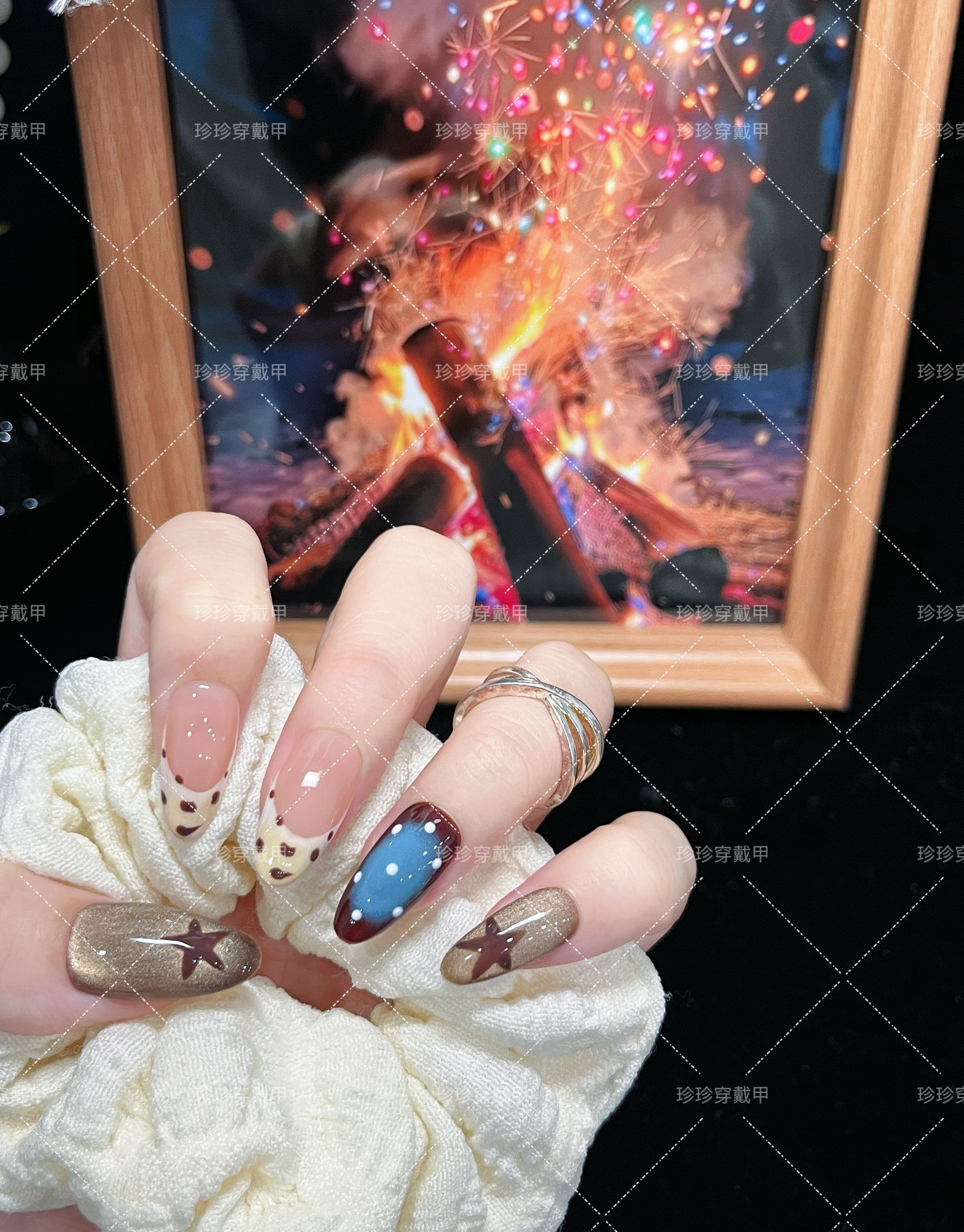 【古早星星】珍珍手工穿戴甲秋冬气质金棕猫眼豹纹法式星星波点美甲