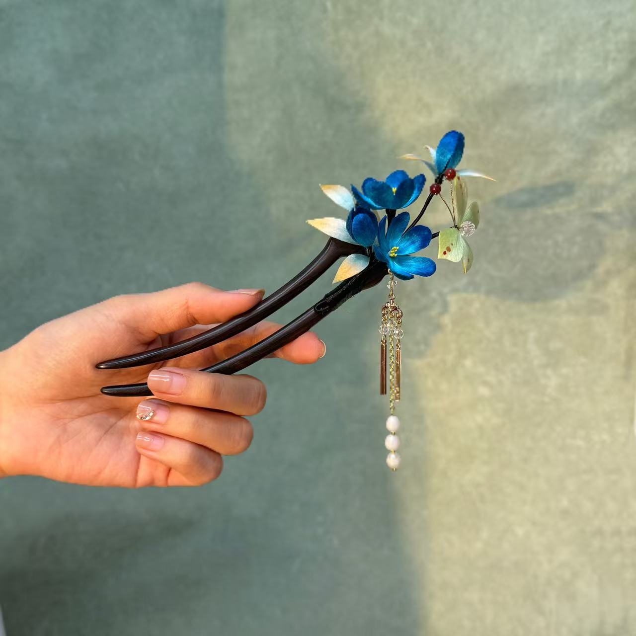 【格桑花】非遗桑蚕丝绒花格桑花发簪点翠蓝色国风手工