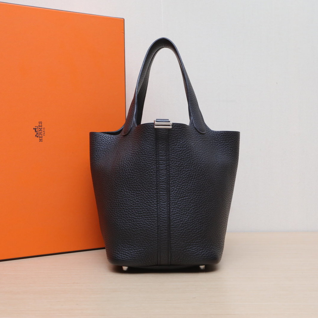 95新 Hermes/爱马仕 小花6欢 菜篮子 18 89黑色 TC皮 T刻 银扣