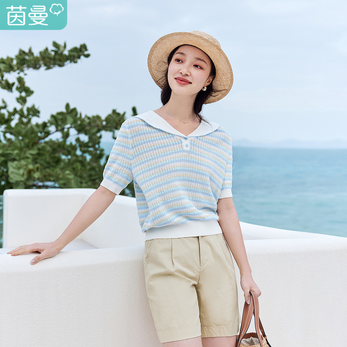 【茵曼服装】茵曼海军领泡泡袖横条纹减龄清新百搭针织衫18322213