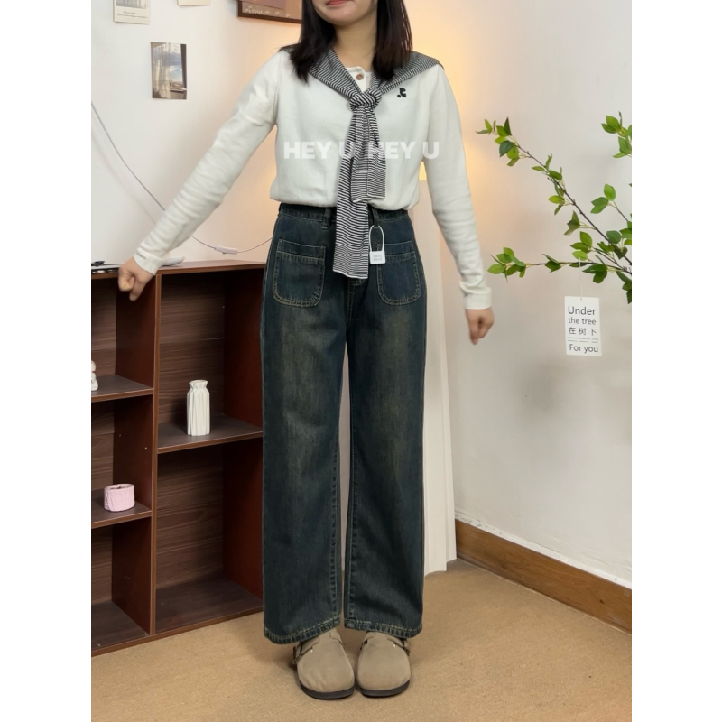 【半岛铁盒】小个子阔腿直筒裤复古水泥灰牛仔裤