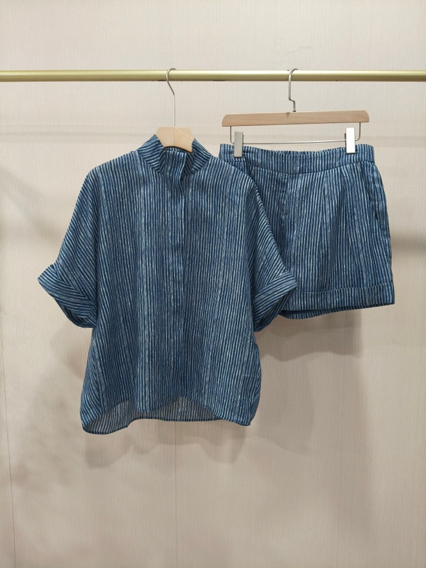 【Hua】25053夏季新款松弛感休闲百搭苎麻条纹套装 立领衬衫+短裤