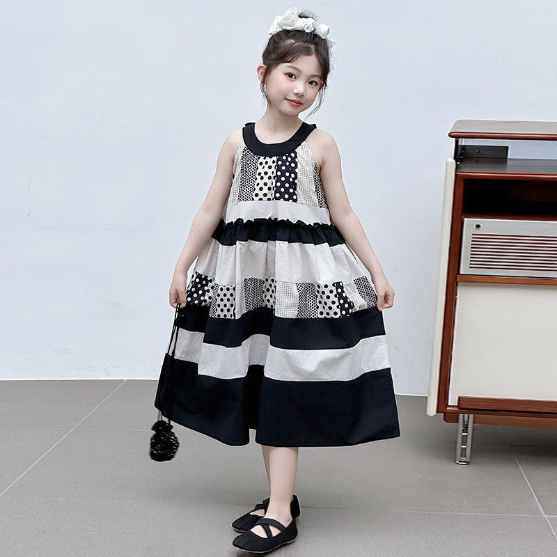 女童挂脖连衣裙夏季2025新款儿童无袖吊带裙大童甜美女孩拼接裙