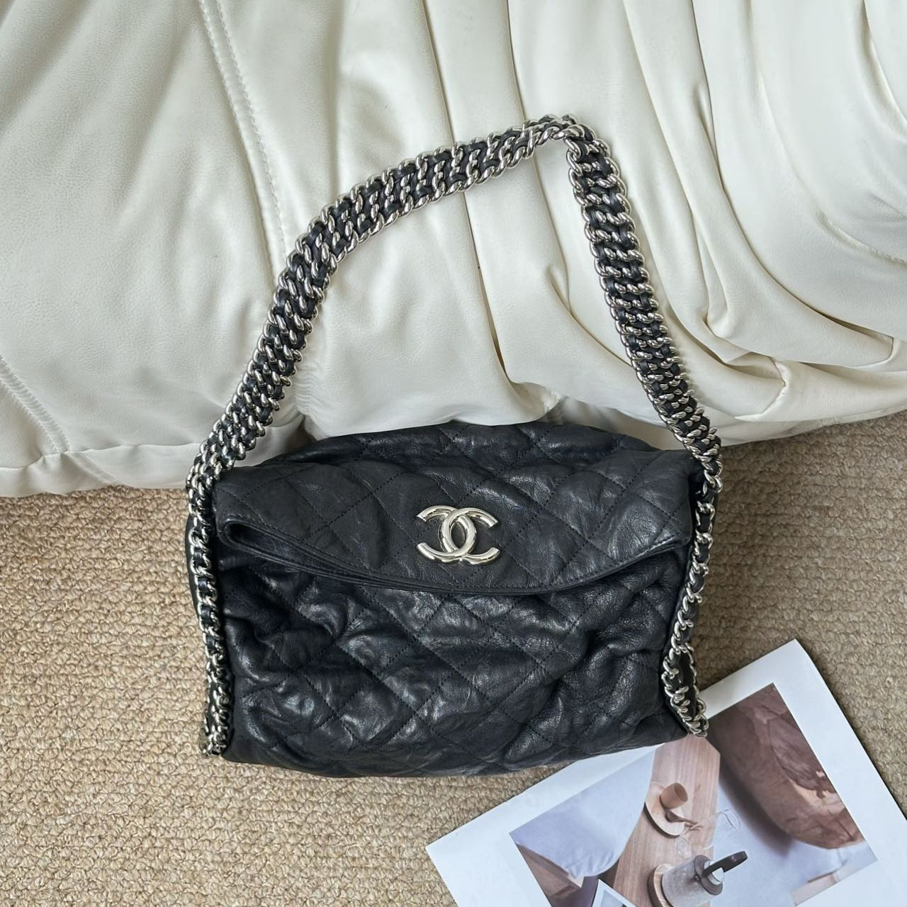 95新 Chanel/香奈儿 Chanel黑银 山羊皮滚边hobo单肩包/617801431