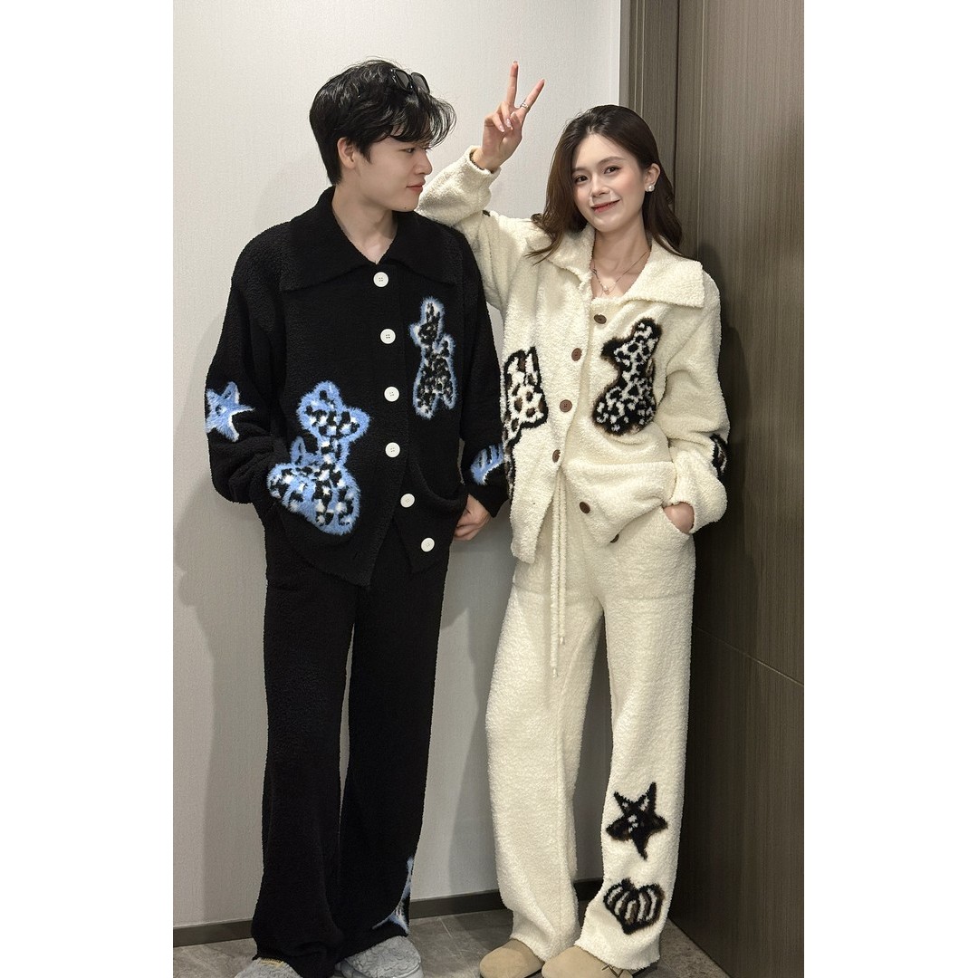 韩系甜美黑白针织半边绒情侣睡衣女秋冬新款加绒休闲家居服套装