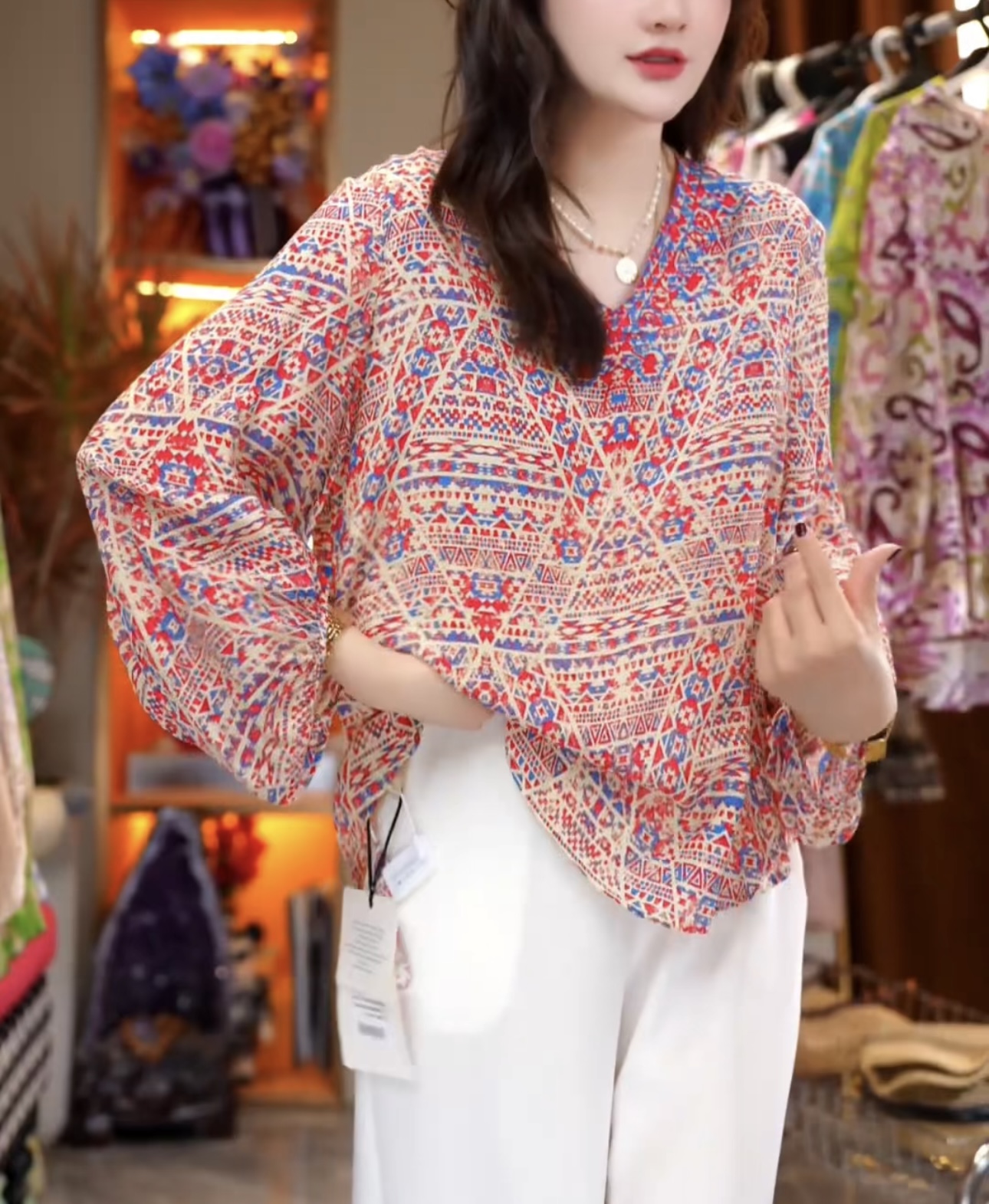 【丝芙玉禄】（F702）真丝双绉桑蚕丝定位印花拼色宽松休闲桑蚕丝