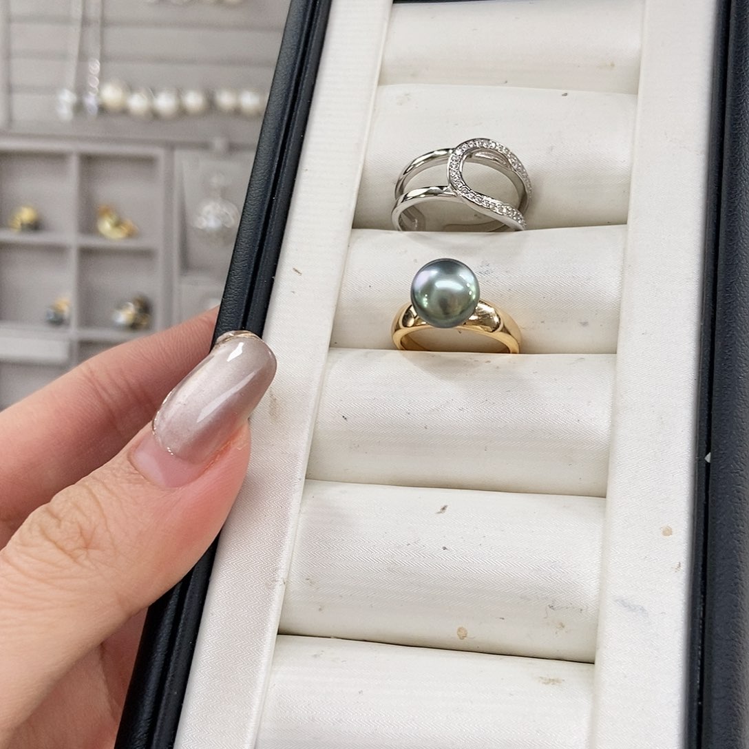 海水珍珠戒圈银S925镶嵌大溪地薄荷绿多带款