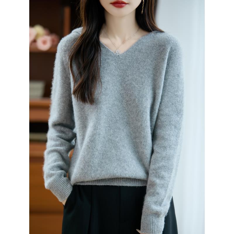 高级感100纯羊毛一线加厚桂花针V领帽衫NJR921