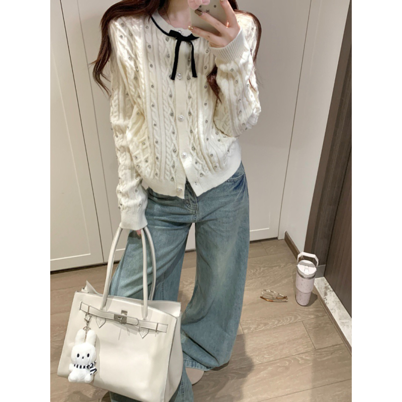 【秋上新】钻影流光烫钻蝴蝶结韩系百搭修身毛衣针织开衫