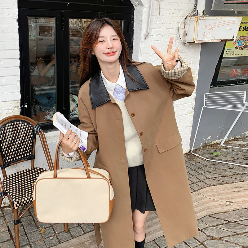 长款长袖薄款翻领女士格子领风衣韩版慵懒风大衣春秋气质小个子