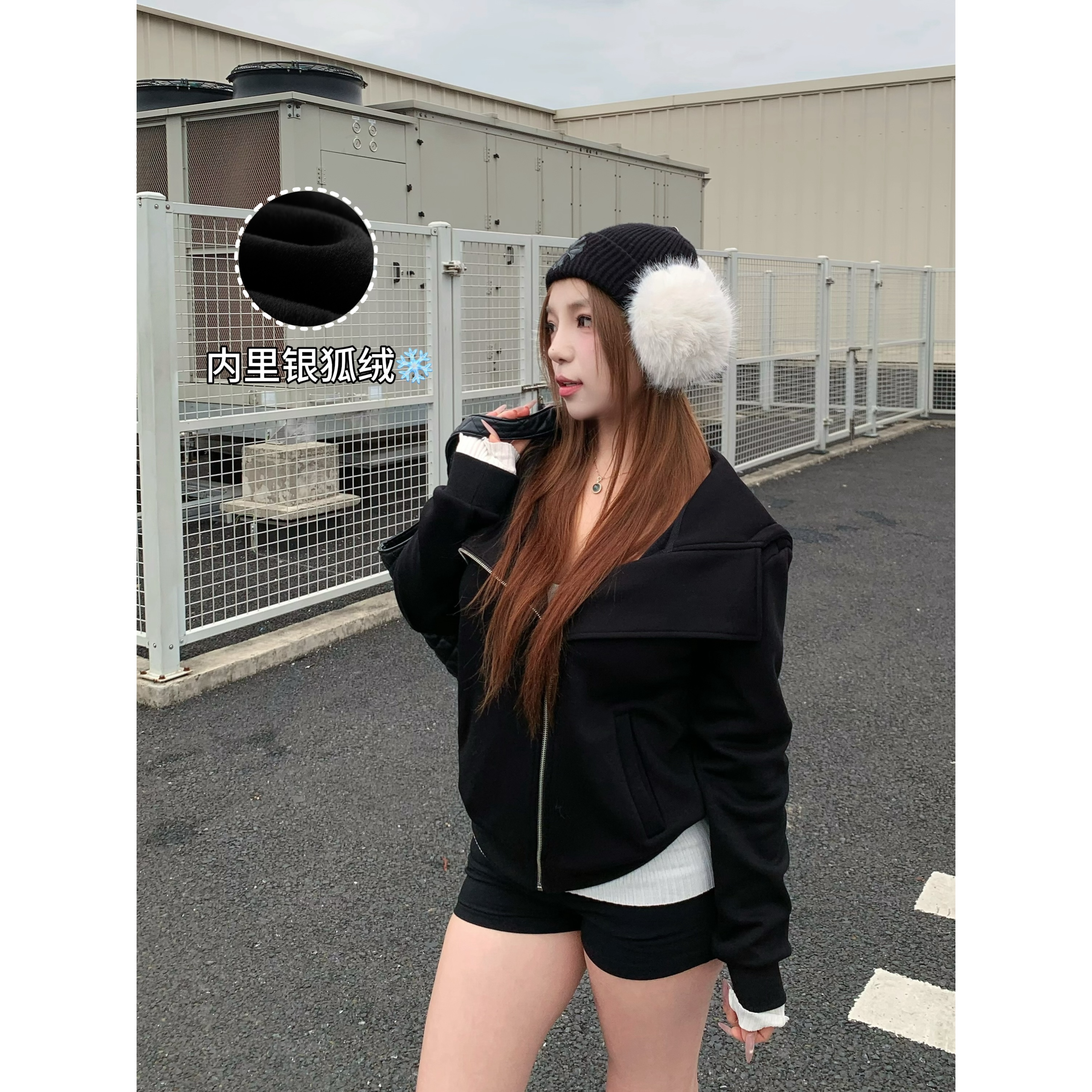 卤蛋公主【牛奶绒加厚外套】黑色加绒保暖连帽拉链不规则开衫卫衣女