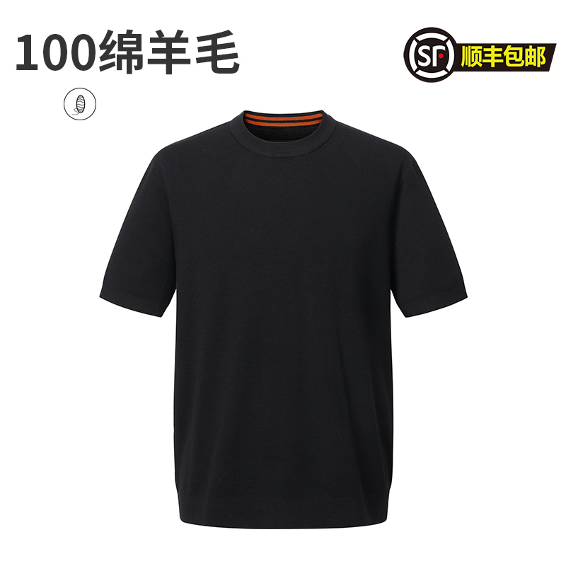 高端男装加肥大码纯羊毛衫常规款圆领薄款宽松型简约时尚半袖百搭