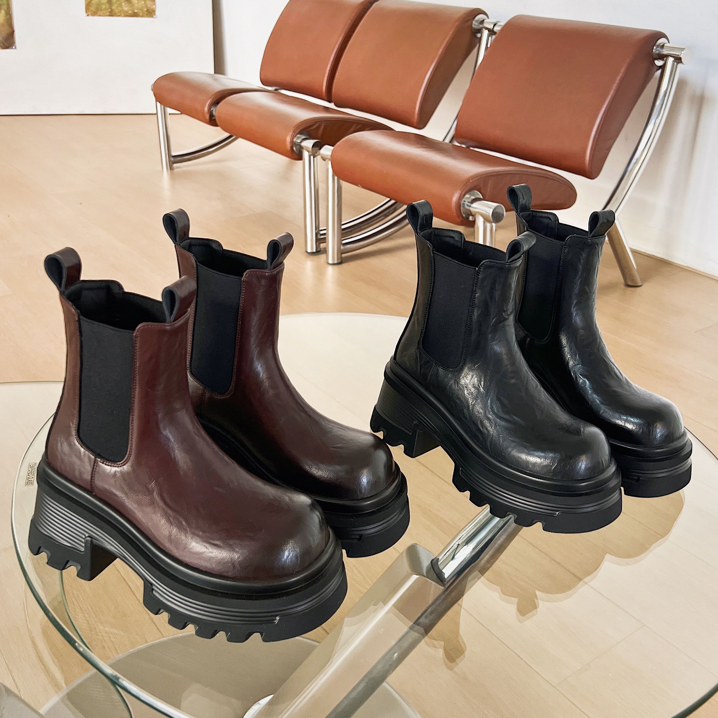 【敏敏家】787-300小个子烟筒靴英伦风厚底马丁靴一脚蹬女靴