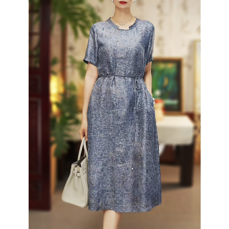 【湛蓝如洗】新款桑蚕丝连衣裙新款夏季高端优雅时尚中长裙12544