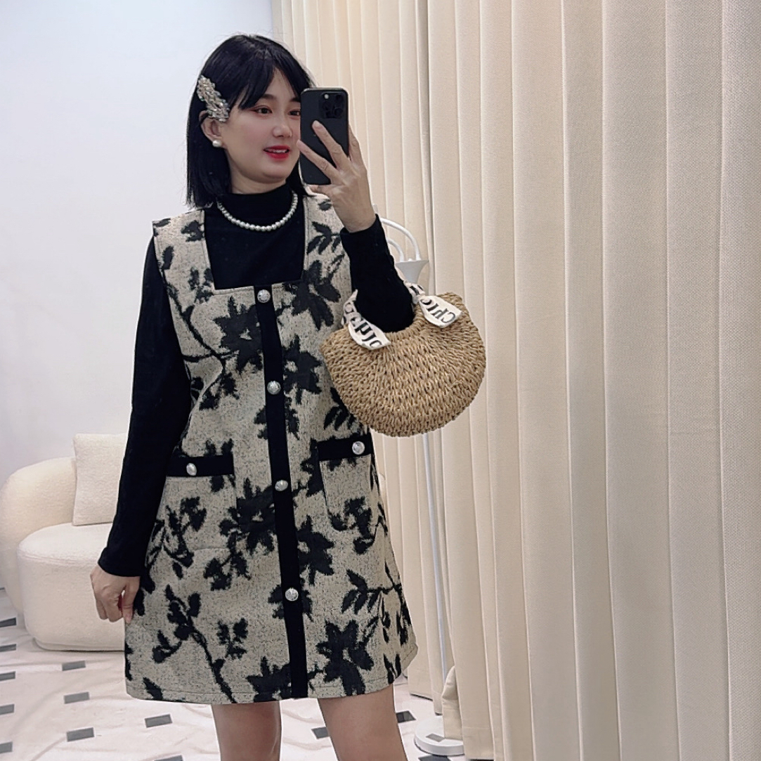 秋冬新中式复古水墨气质背心连衣裙➕打底衫两件套2956