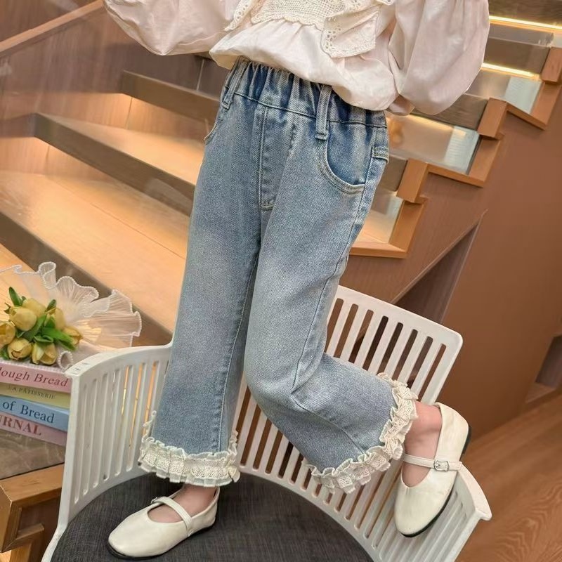 【新款爆品】女童秋季儿童牛仔裤女宝宝秋装喇叭裤花边休闲长裤百搭