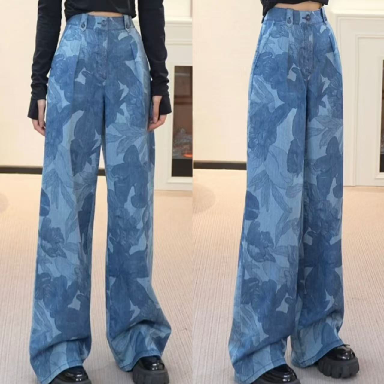 GIRDEAR/哥弟新款印花复古松弛氛围感高腰直筒阔腿牛仔裤110028