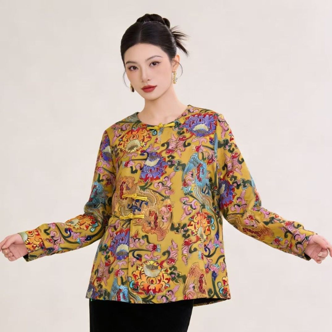 胖妹妹洋气圆领长袖盘扣国风上衣大码女装法式复古风百搭减龄外套