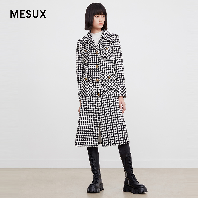【许半夏专享】MESUX米岫冬季新品千鸟格军装风大衣MJWUI
