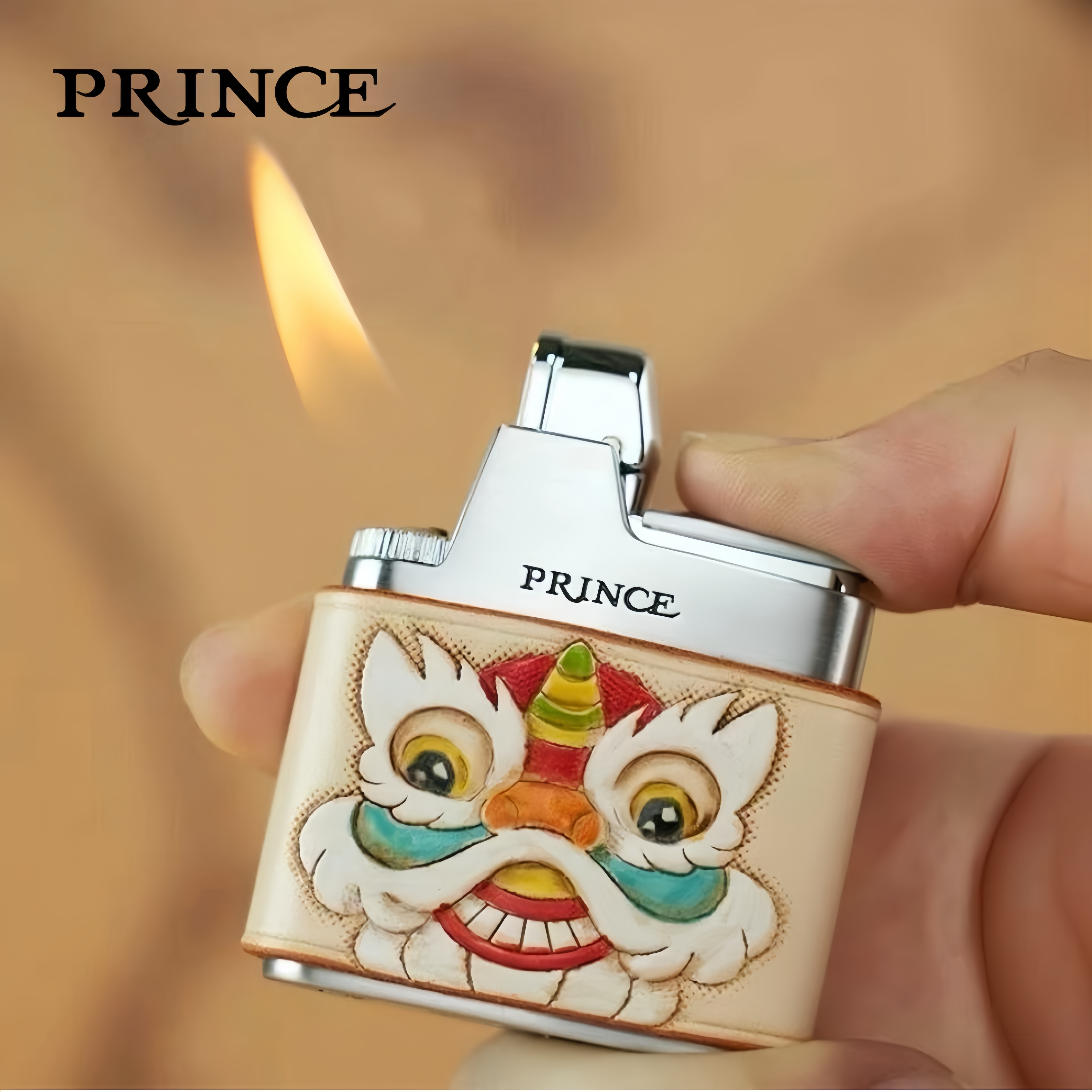 PRINCE日本王子斜火打火机气体砂轮国潮喜庆醒狮真皮彩绘男生礼物