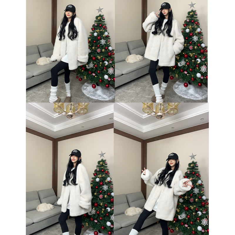 《年度高定战袍》怕冷必入！皮毛一体圆领仿毛毛外套中长款上衣时尚