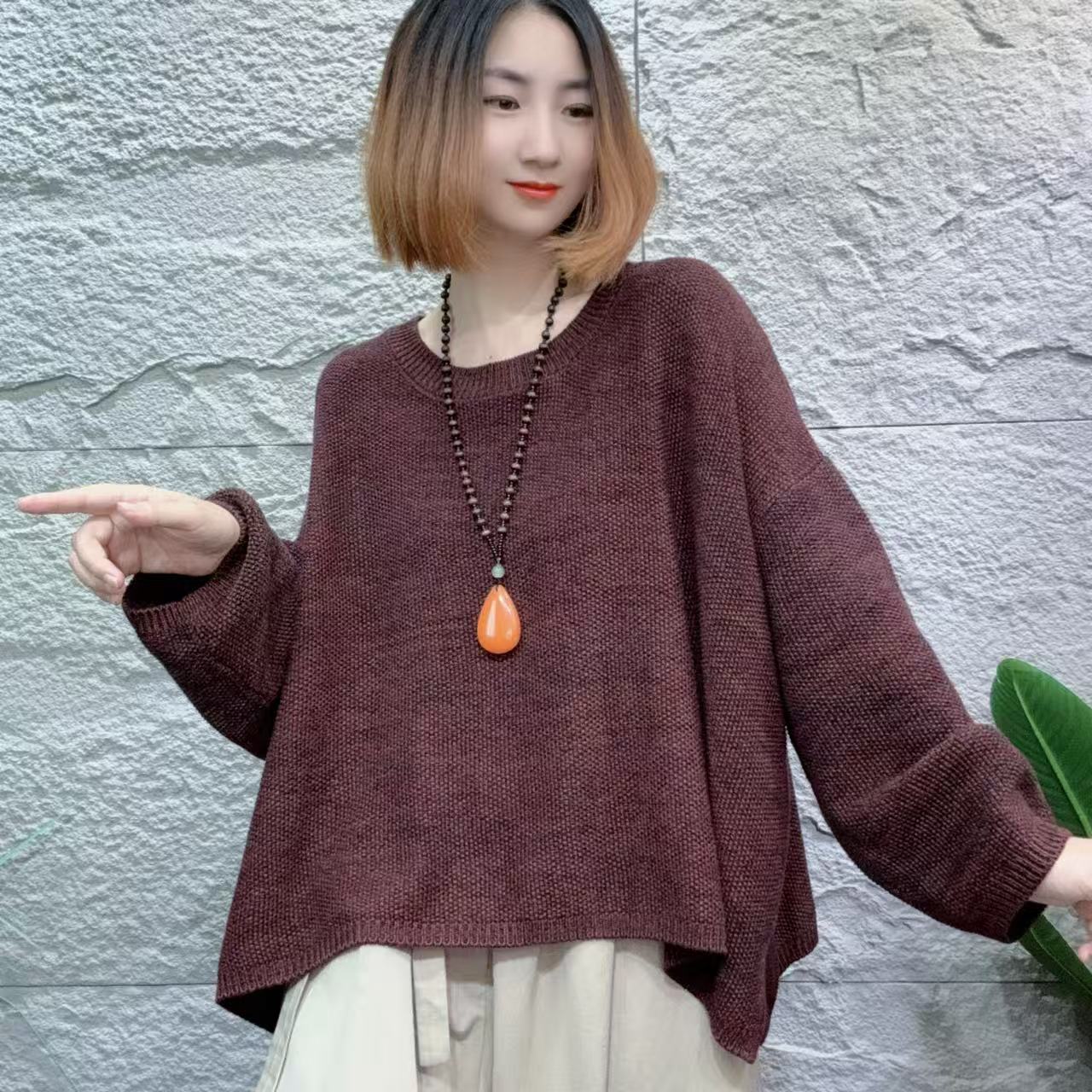 YXR&1098秋季新款彩纱针织圆领毛衣宽松休闲百搭复古风