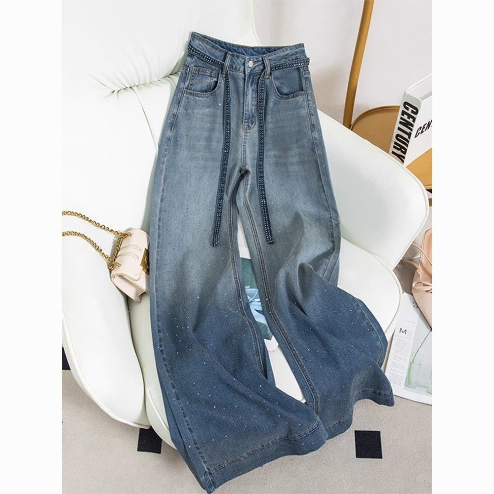 【烫钻满天心】牛仔裤女2025秋季新款窄版高腰阔腿裤宽松显高显瘦