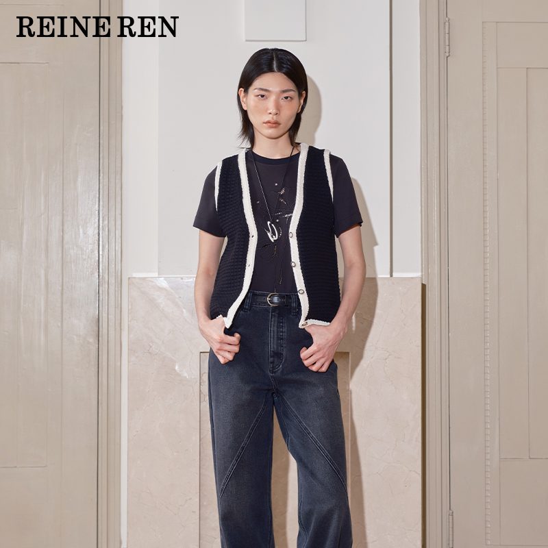 【新品】REINEREN设计师任茜2025春夏黑白撞色小香风粗棒针织马甲
