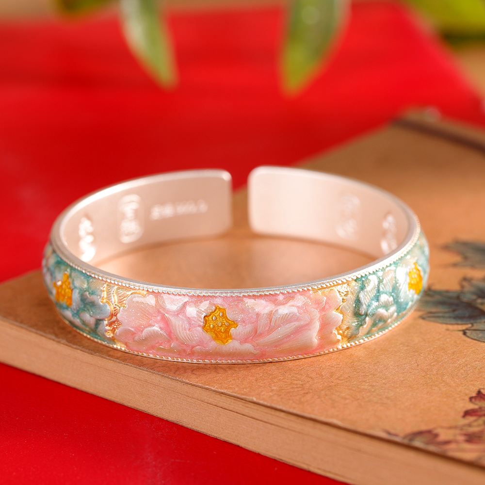 足银手镯 999描金珐琅吉言牡丹手镯新中式国风古法轻奢手饰