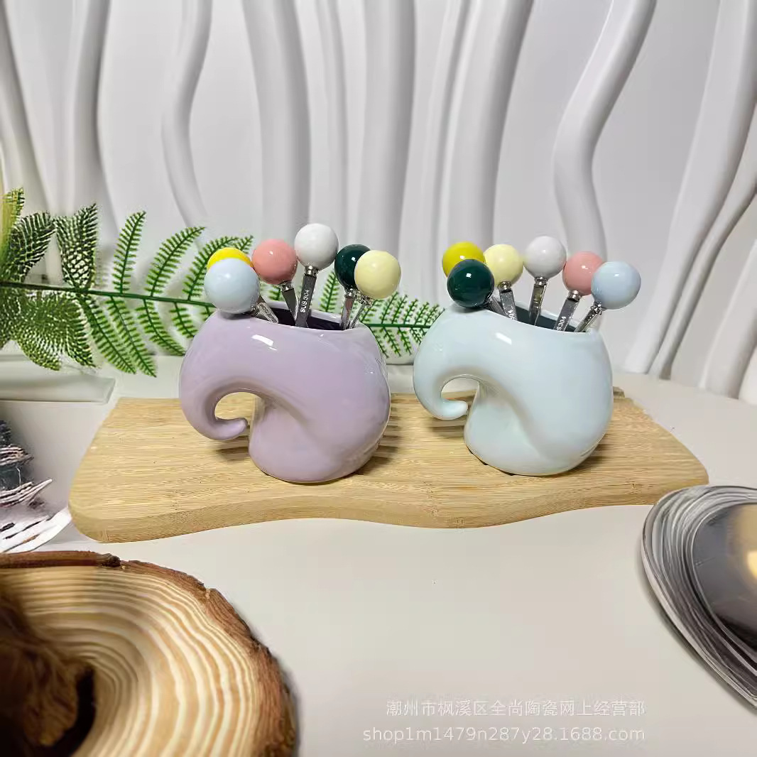 奶油风304不锈钢水果叉套装家用陶瓷水果签叉蛋糕点心叉可爱