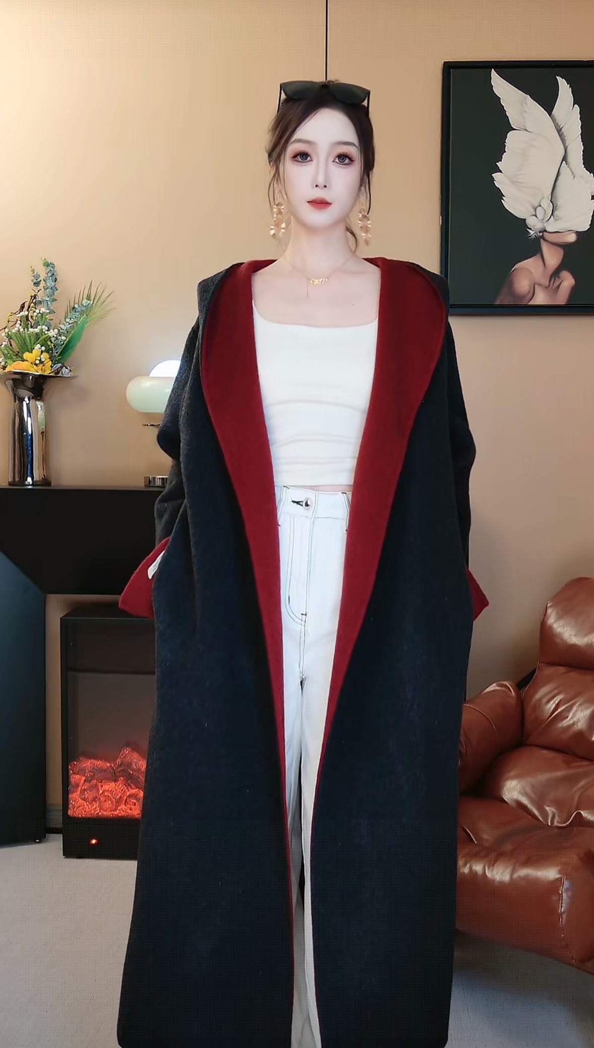 韩版秋冬女士双面羊毛连帽拼色长款大衣