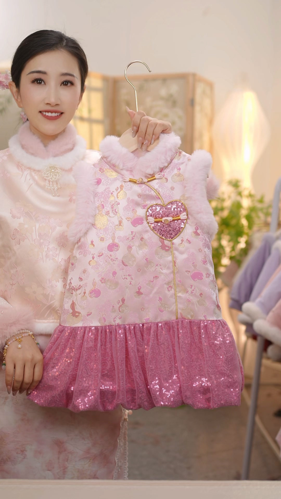 【胭脂】SC855女童冬季国风夹棉保暖新中式马甲旗袍裙拜年服