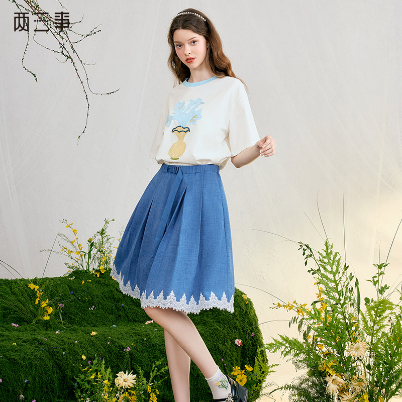 两三事 星海潮汐 2025春季新款百搭蕾丝拼接假腰带裙裤女休闲裤