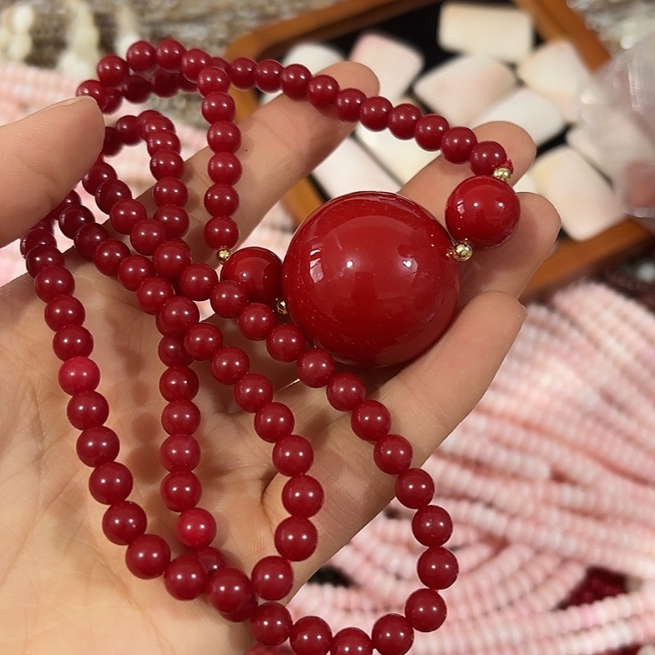 K***r玛瑙/玉髓合金珠宝半成品红色大圆珠项链