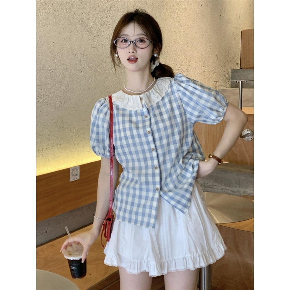 法式甜美女装夏季前后两穿花边领格子短袖衬衫韩版小清新宽松上衣