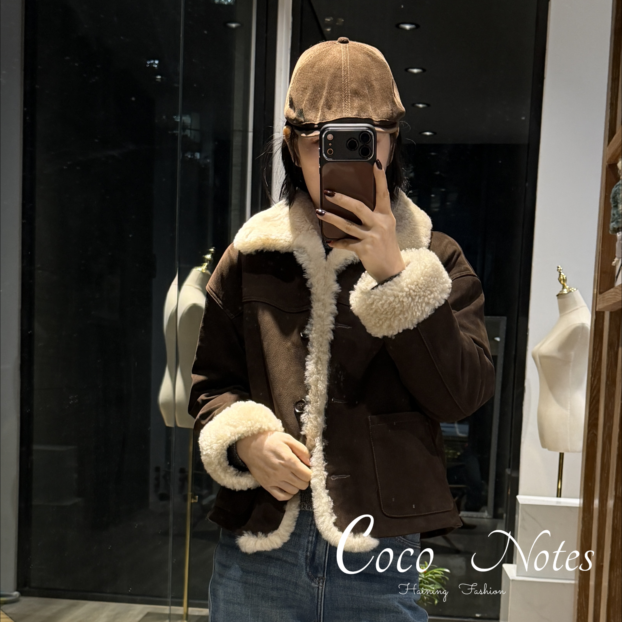 COCO NOTES  SS2698山羊鹿绒皮皮毛一体毛领袖口90鹅绒巴恩风外套