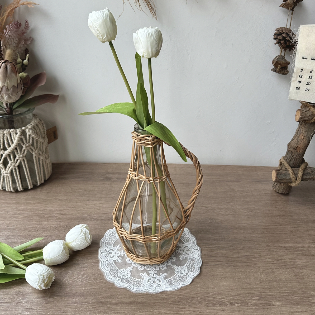 中式美学「微瑕捡漏」大号柳编玻璃花瓶桌面水培鲜切侘寂风单只实用