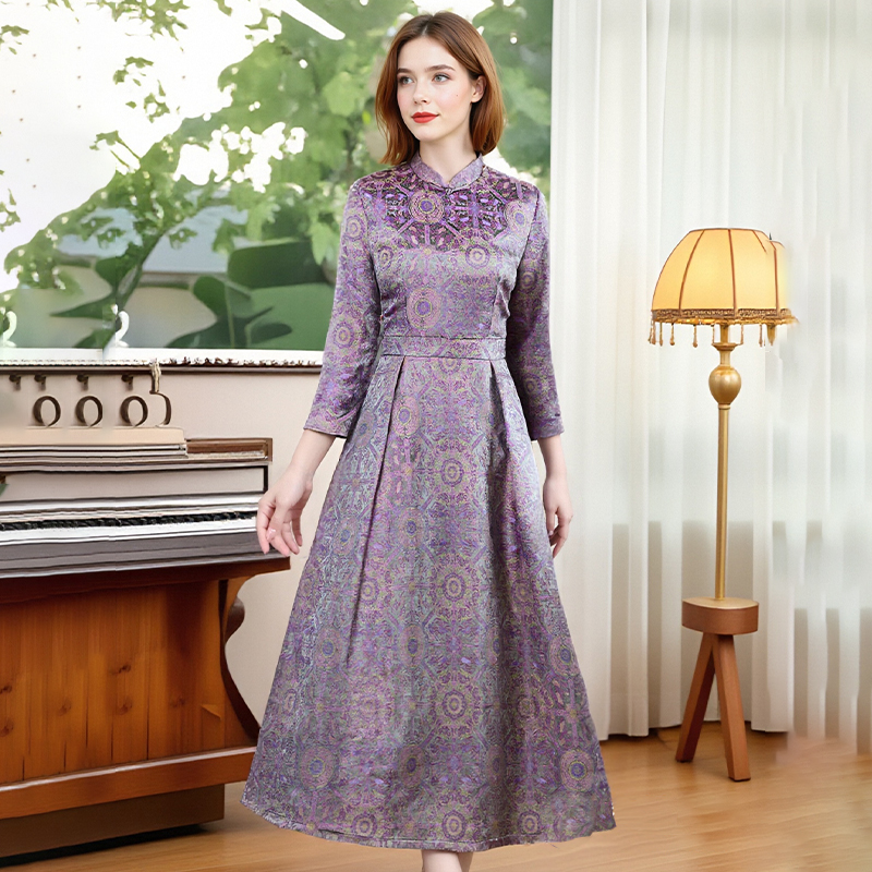  【思琪精选】中国风改良旗袍连衣裙秋季2025年新款紫色气质长款