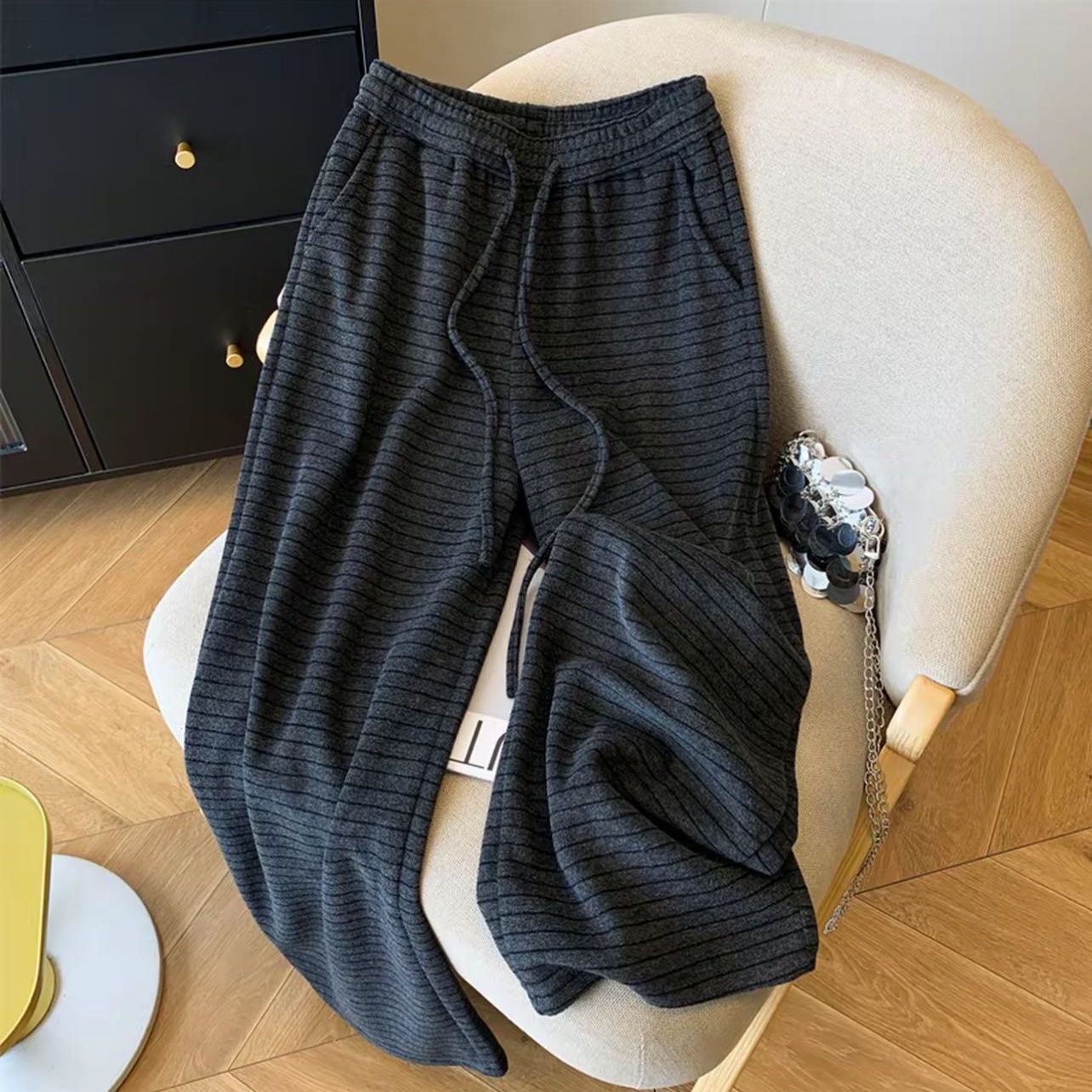 冬季高级感羊毛条纹阔腿裤