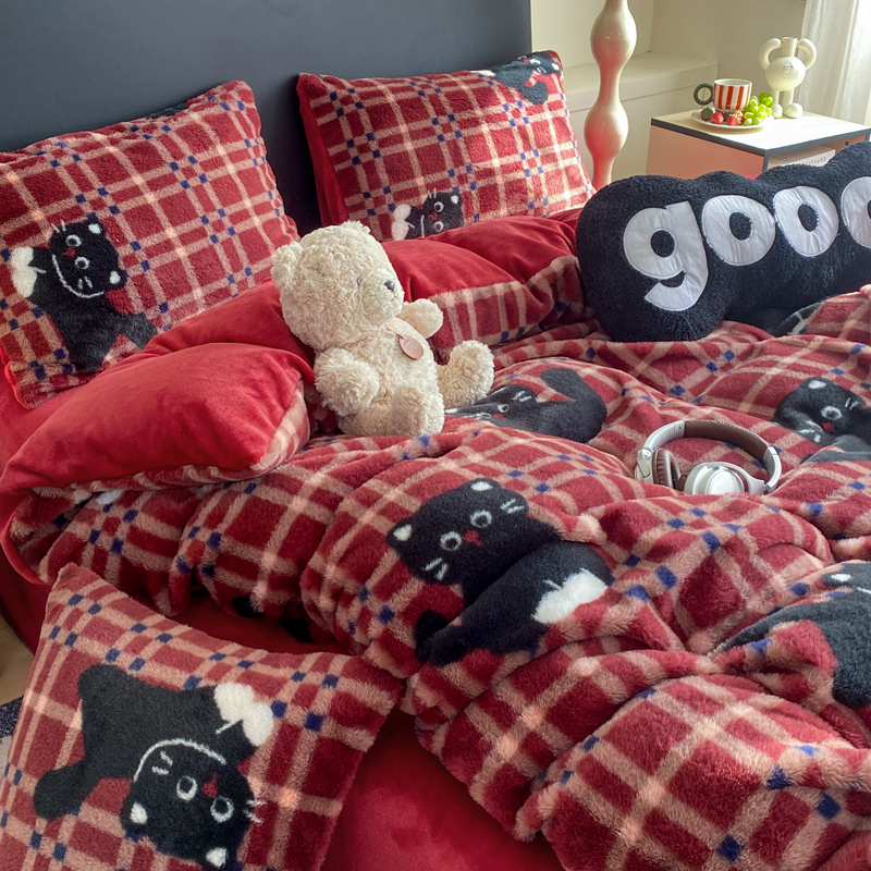 冬季轻奢保暖兔毛绒四件套加厚牛奶绒双面绒被套床单珊瑚绒法莱绒