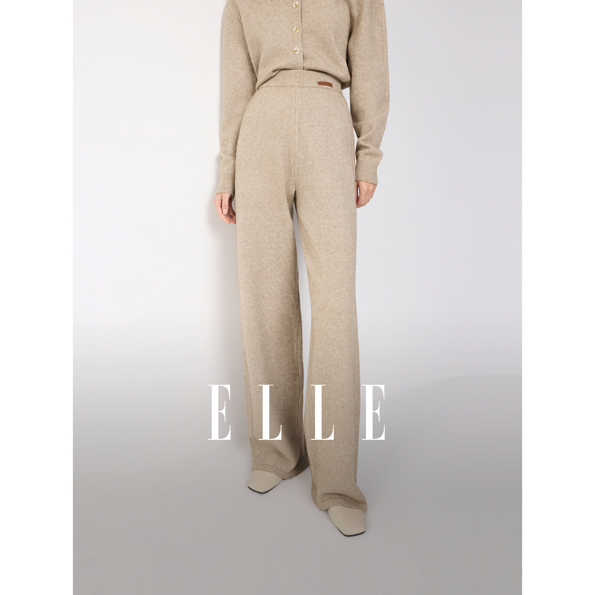 ELLE女装卡其色肌理感针织休闲裤2025冬新款通勤直筒裤子EK53165