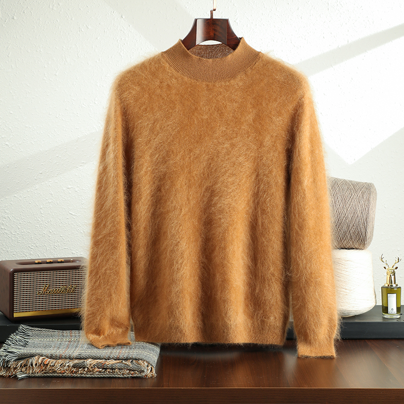 男士拉绒100%纯山羊绒衫气质高端毛衣宽松半高领超暖和针织衫