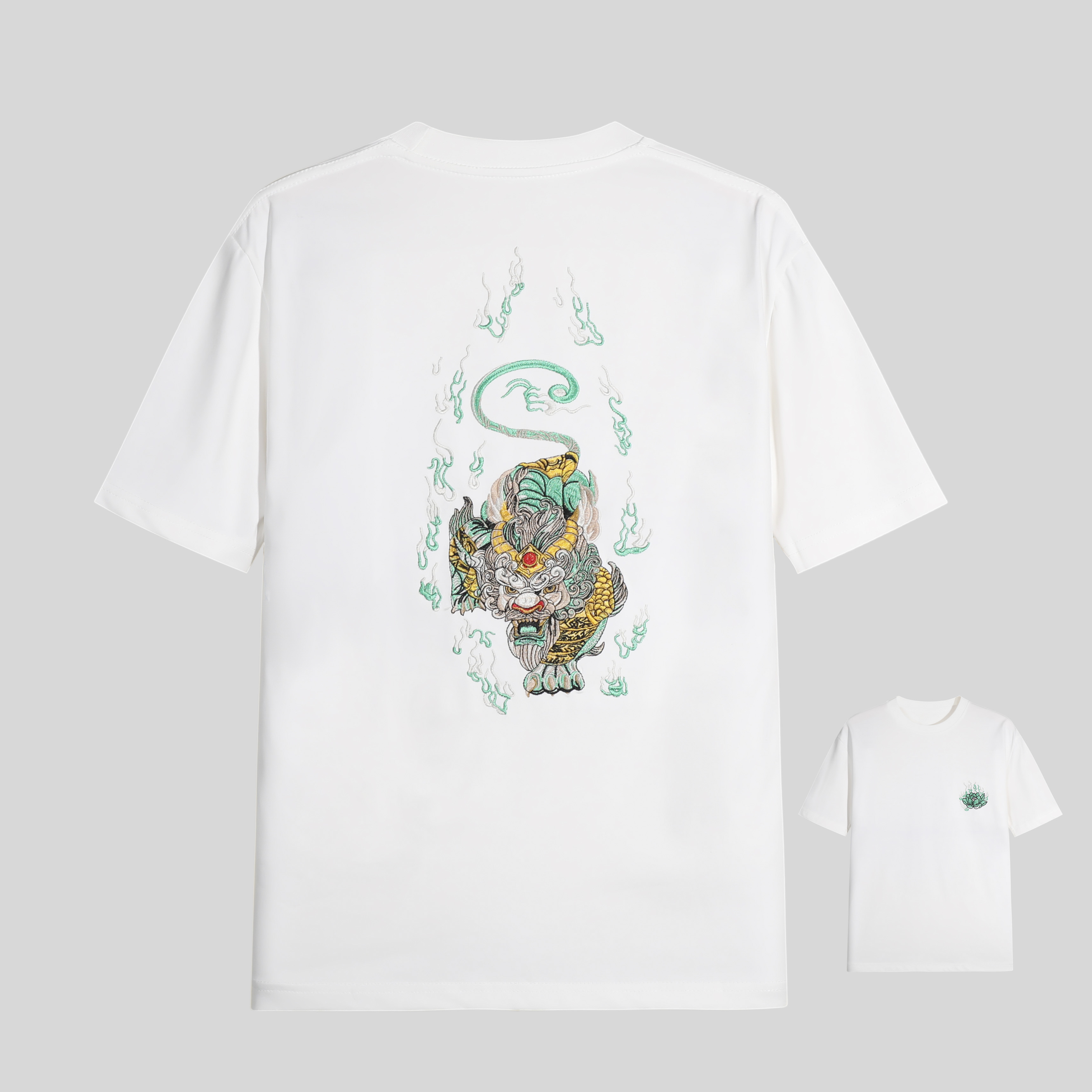 T228中国风貔貅国潮重工刺绣麒麟短袖T恤男夏季新款潮牌半袖上衣